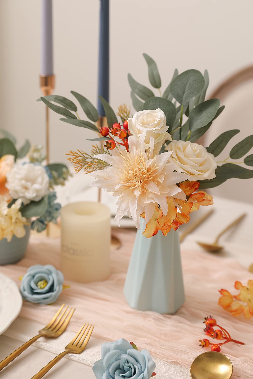 Artificial Flowers Combo Fake Silk Fall Bouquets Wedding Decor Blue White