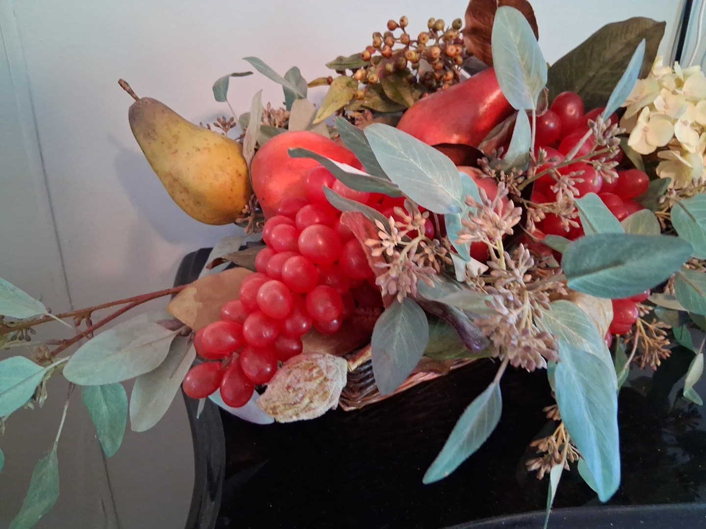 Large Vintage Faux Fruits and Flowers Centerpiece In Basket, Victorian Style