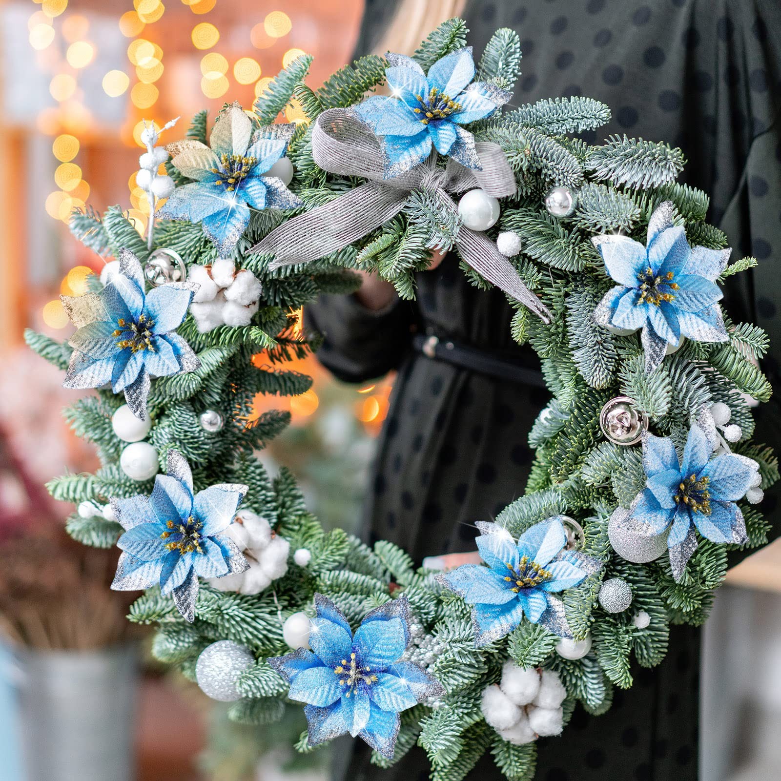 45 PCS Christmas Poinsettia Decorations Glitter Tree Flowers 5 Inch Blue