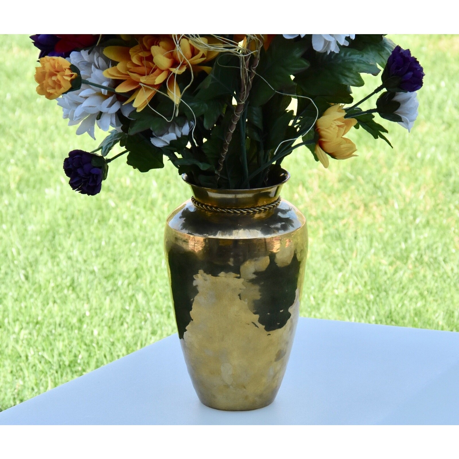 Hollywood Regency Aged Gold Trompe l’Oeil Rope & Tassel Silk Floral Brass Vase