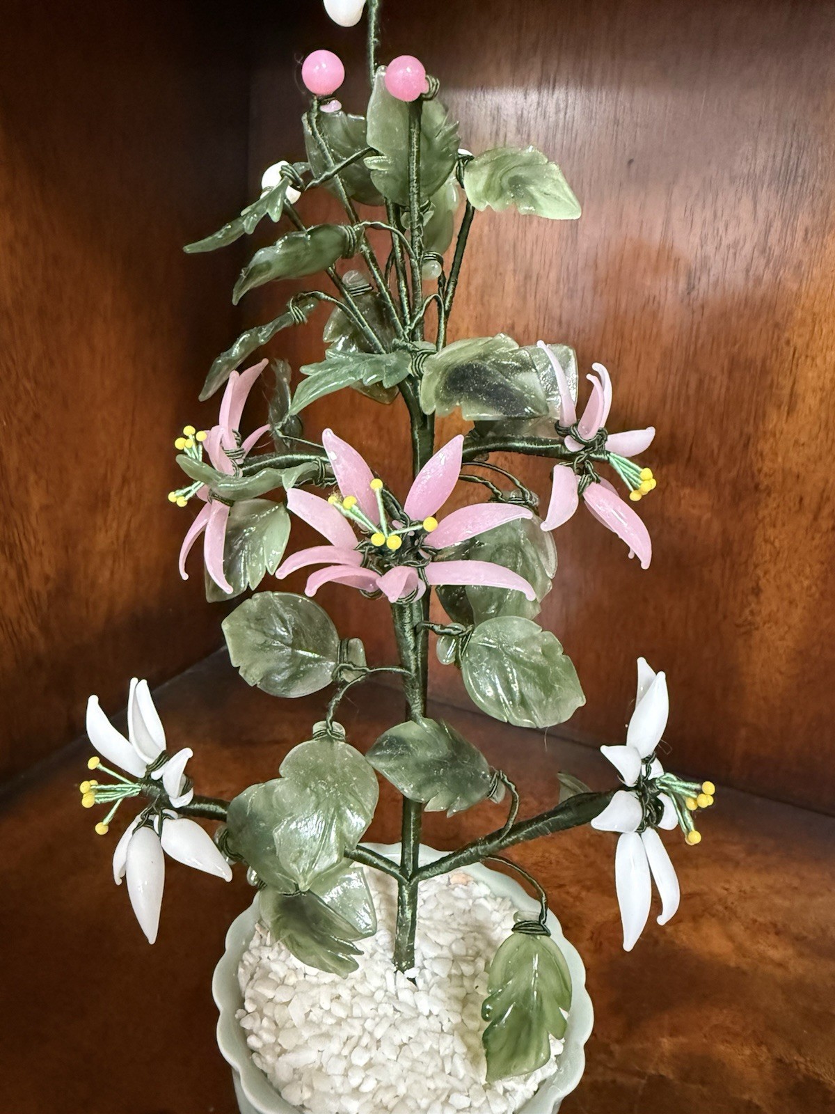 Vintage Adjustable Floral Arrangement Plastic Flowers Jade Style Leaves Porc Pla