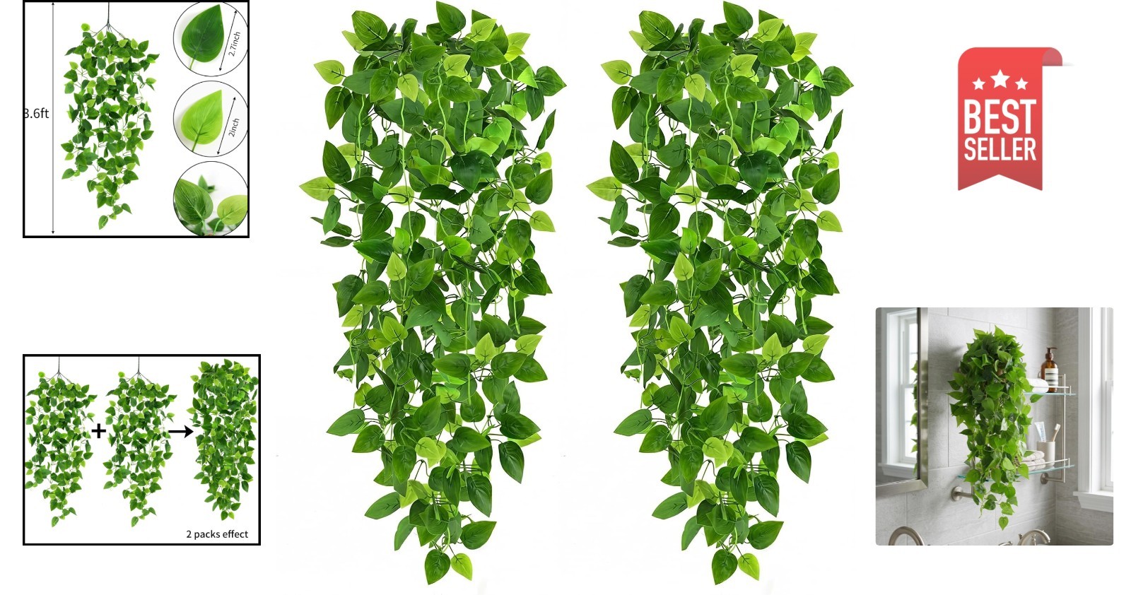 Waterproof Fake Ivy Pothos Vines Set of 2 – Realistic Indoor/Outdoor Decor