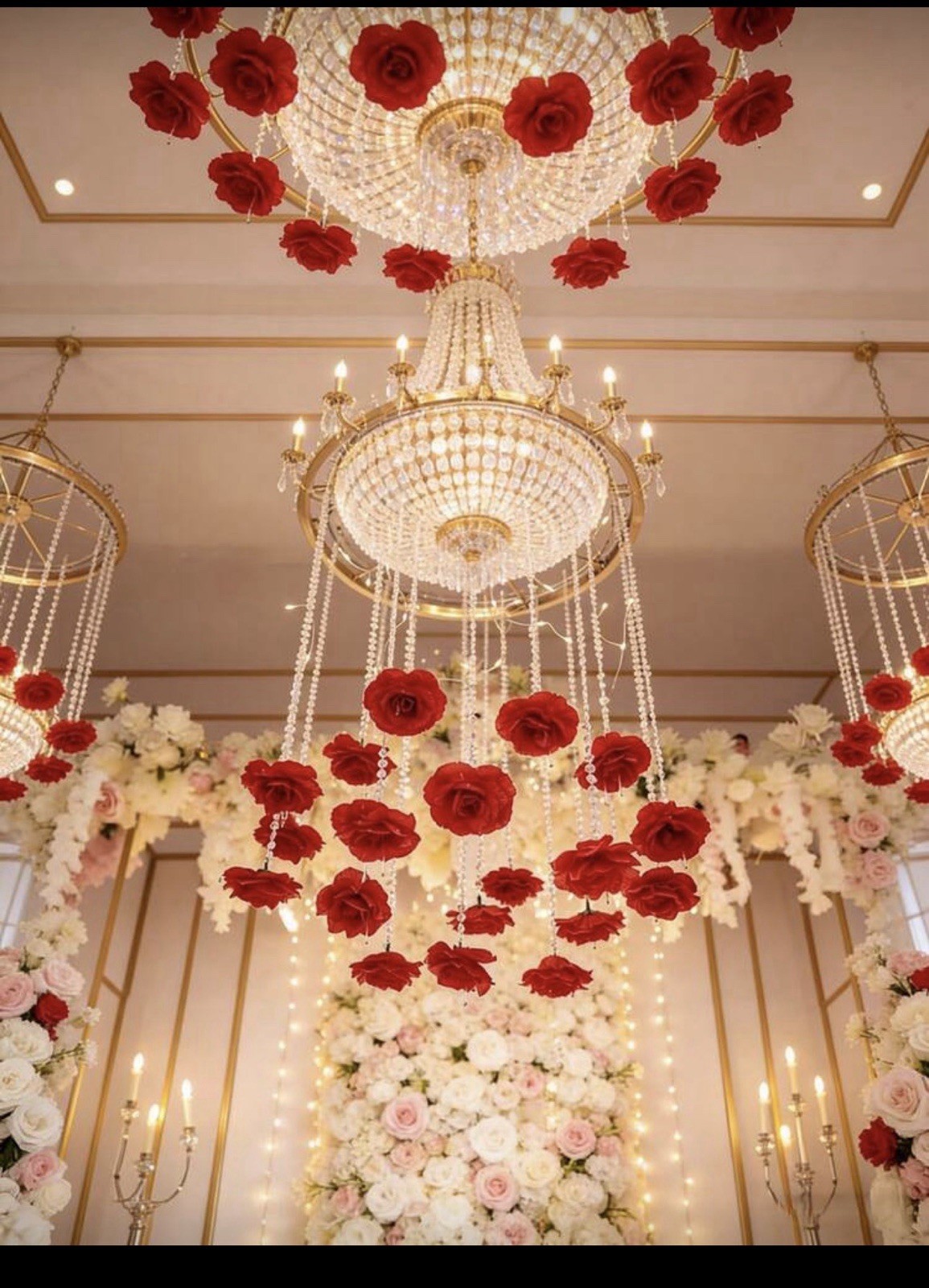 Artificial Red Rose Hanging Decor with Crystal Bead Strands, 7cm Roses 21 pcs