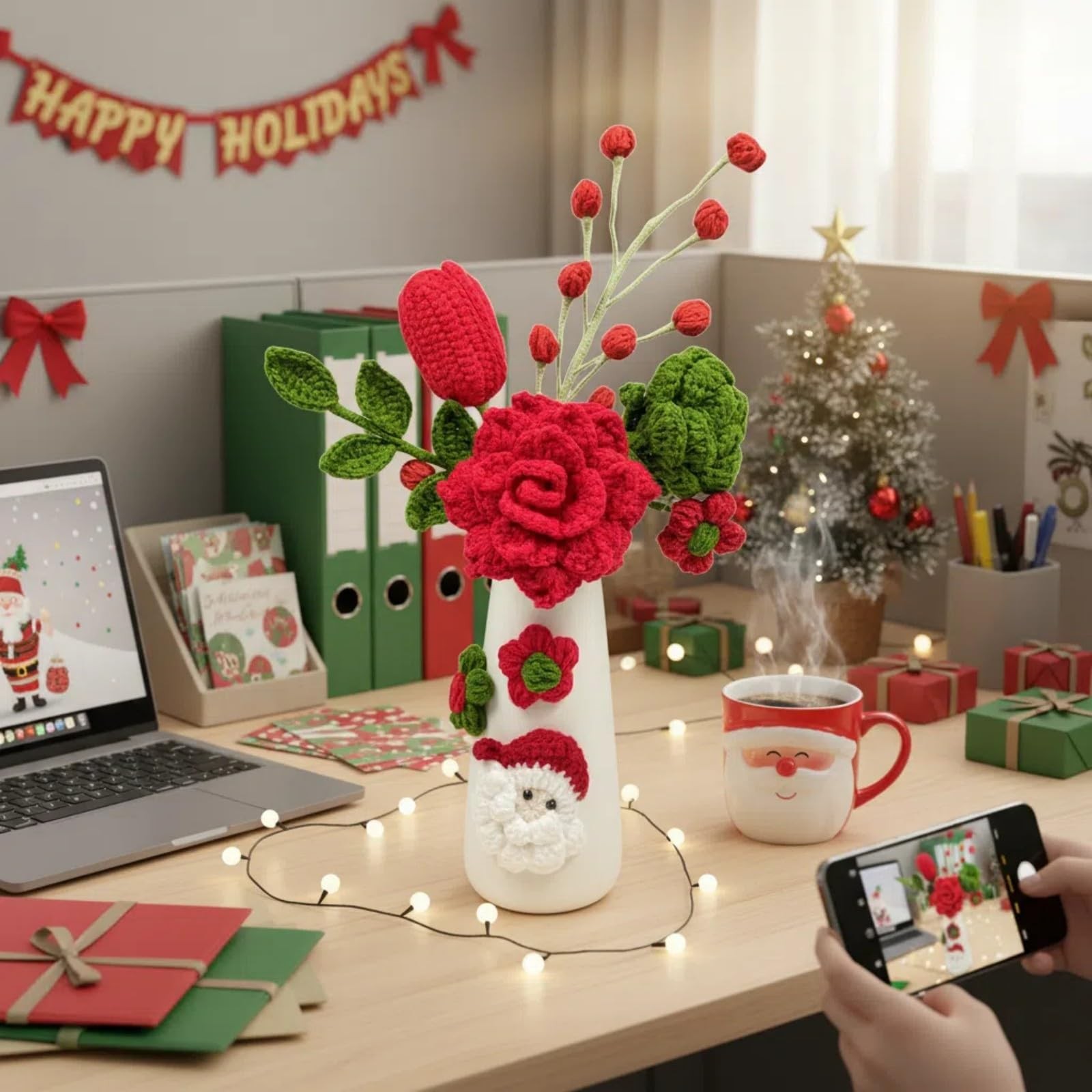 Crochet Christmas Flowers Artificial with Vase for Christmas New Year Decorat…