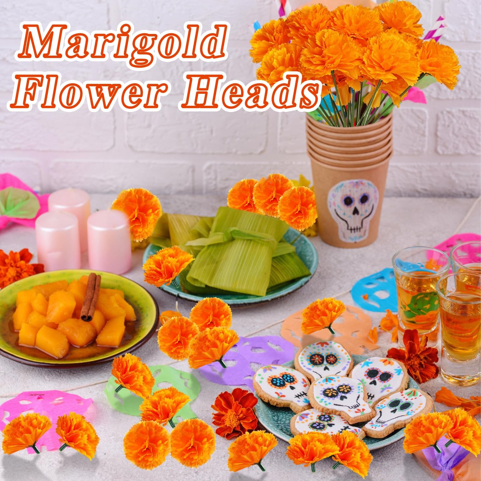 60 Pcs Marigold Flower Heads,Silk Artificial Marigold with Stems,Orange Fake …