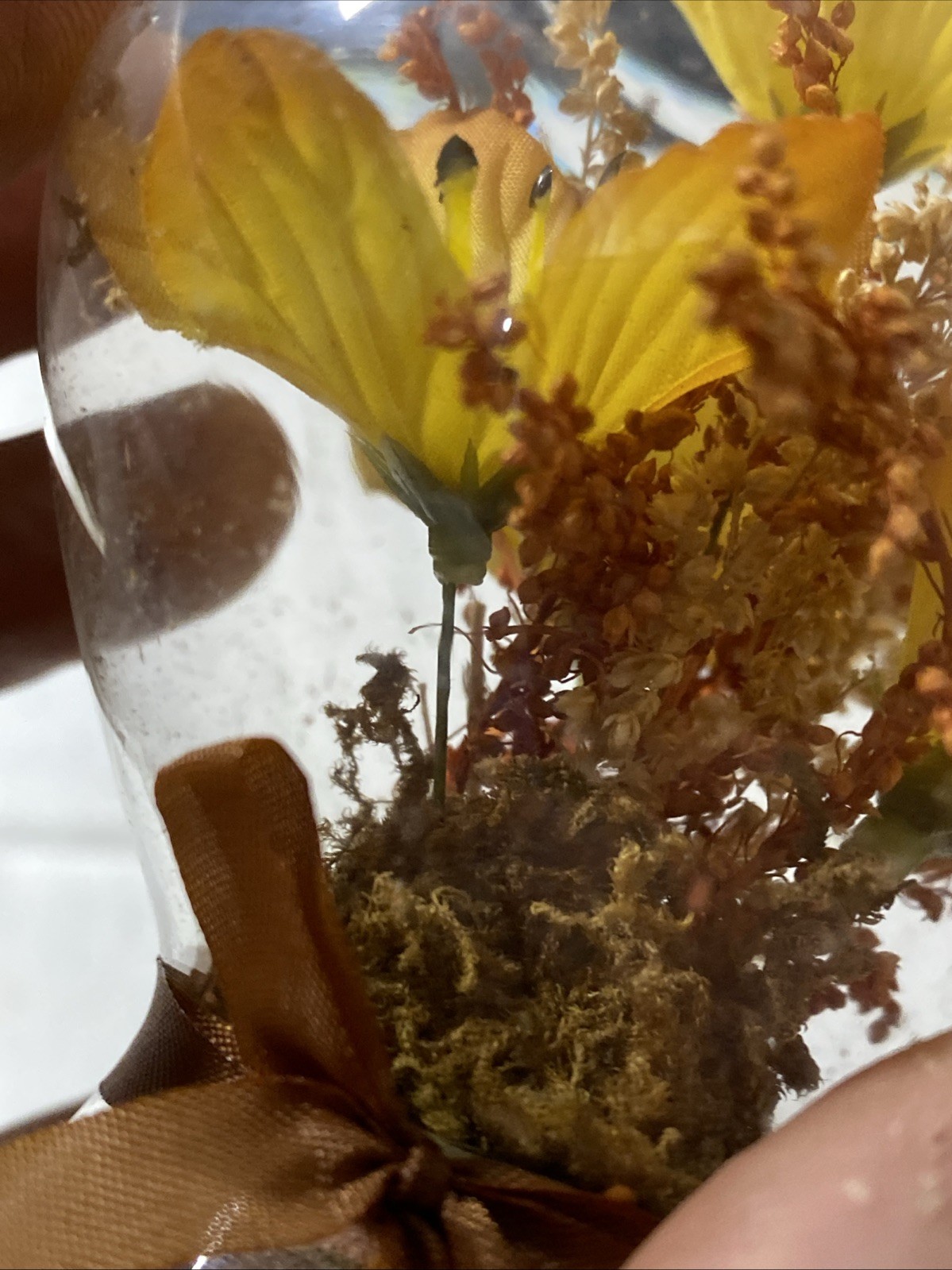 Vintage Glass Dome Egg Cloche Yellow Flowers