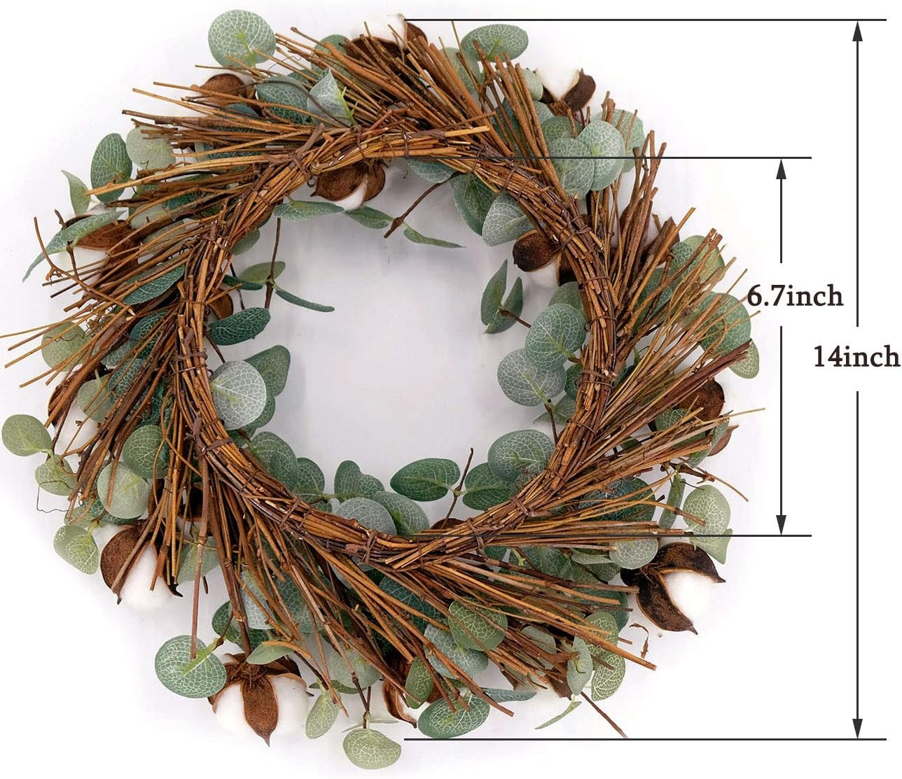 Eucalyptus and Cotton Wreath, 14 Inches Artificial Wreath on a Natural Twig Base