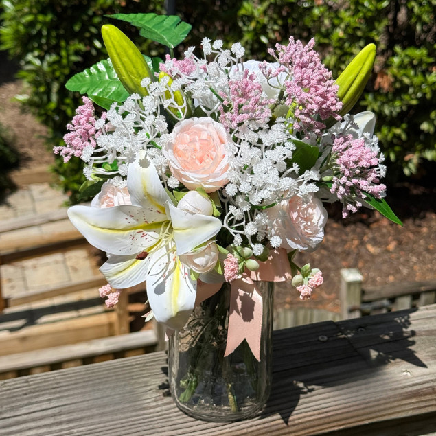 Peach Rose Peony Lily Floral Arrangement 32oz Mason Jar Home Decor Centerpiece