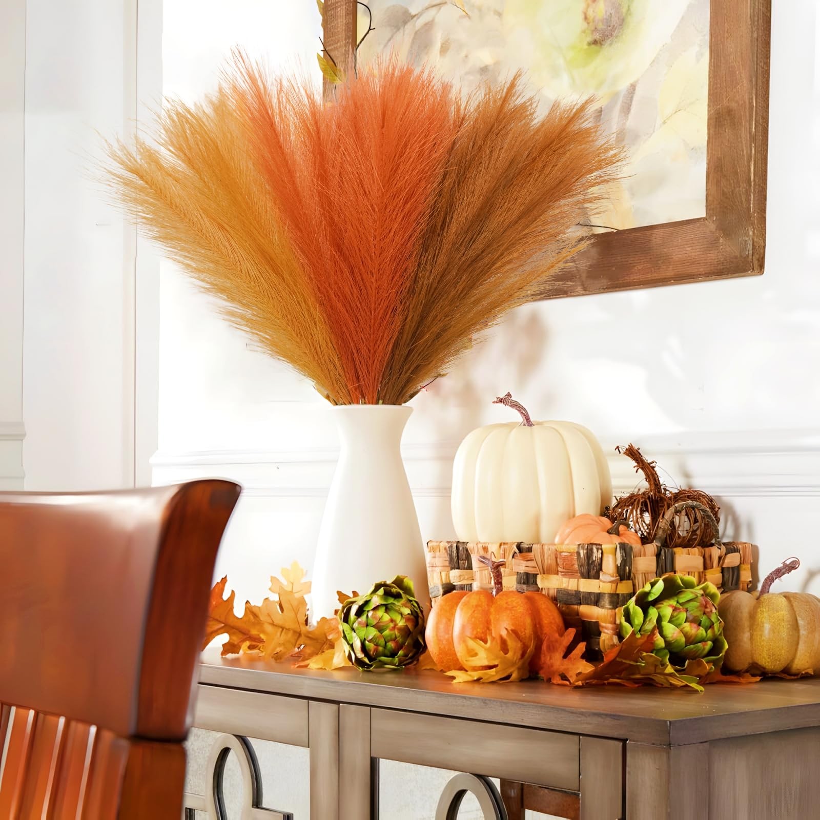 150pcs Orange Pampas Grass, 21.6in Fluffy Faux Colored Pompas Grass Short Art…