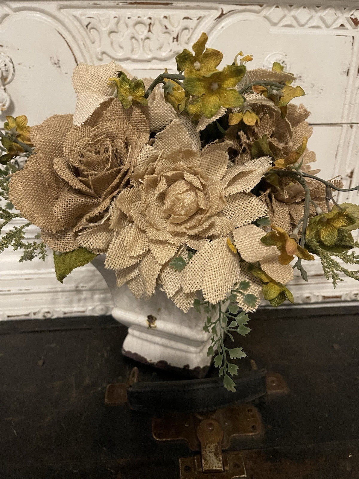 Burlap Flowers Farmhouse White Distressed Rustic Floral Centerpiece Decor