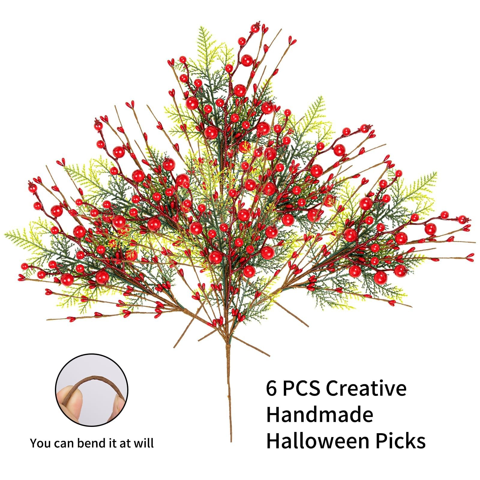 6 PCS Christmas Floral Red Berry Picks 17 Inch Holly Berries Tree Decoration