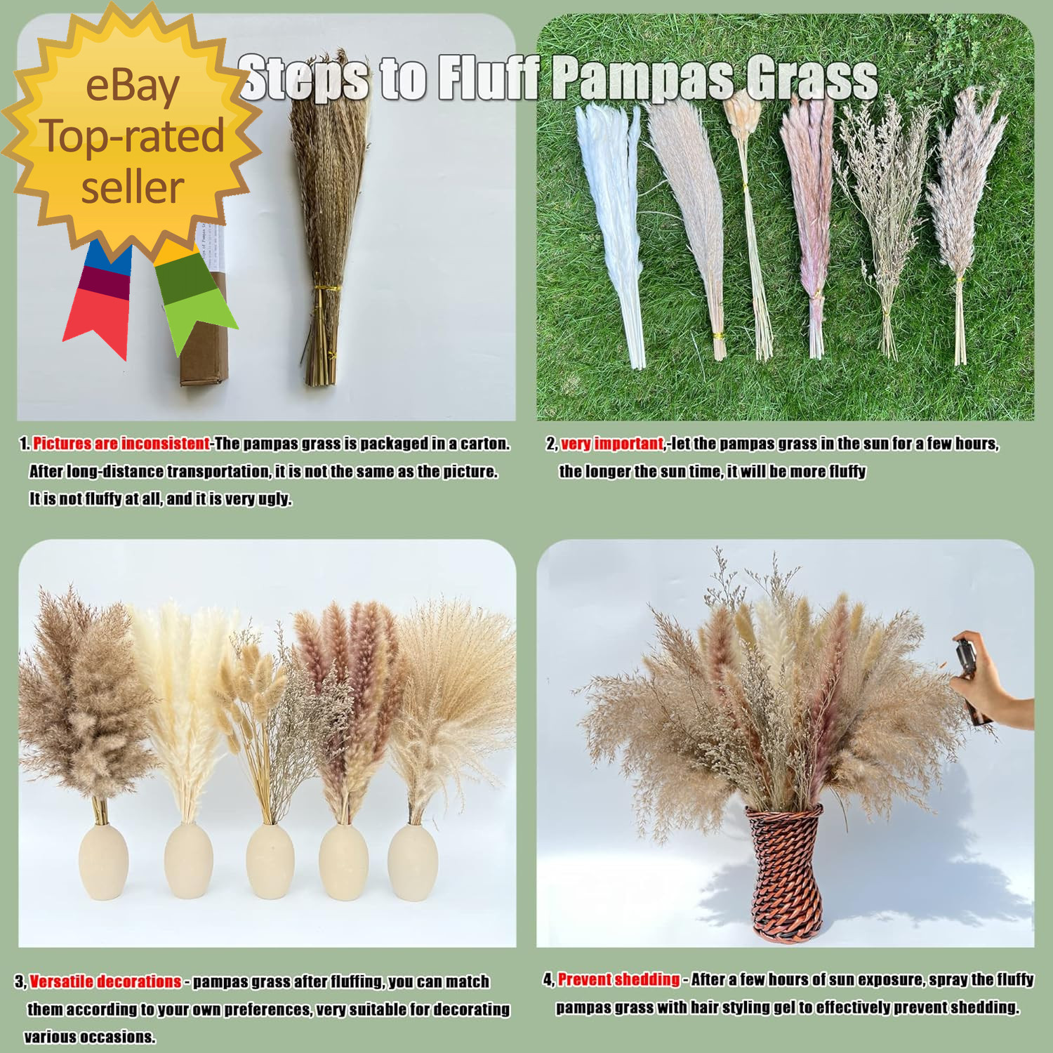100Pcs Pampas Grass Boho Home Decor 17 Inch Natural Dried Flowers-Pampas
