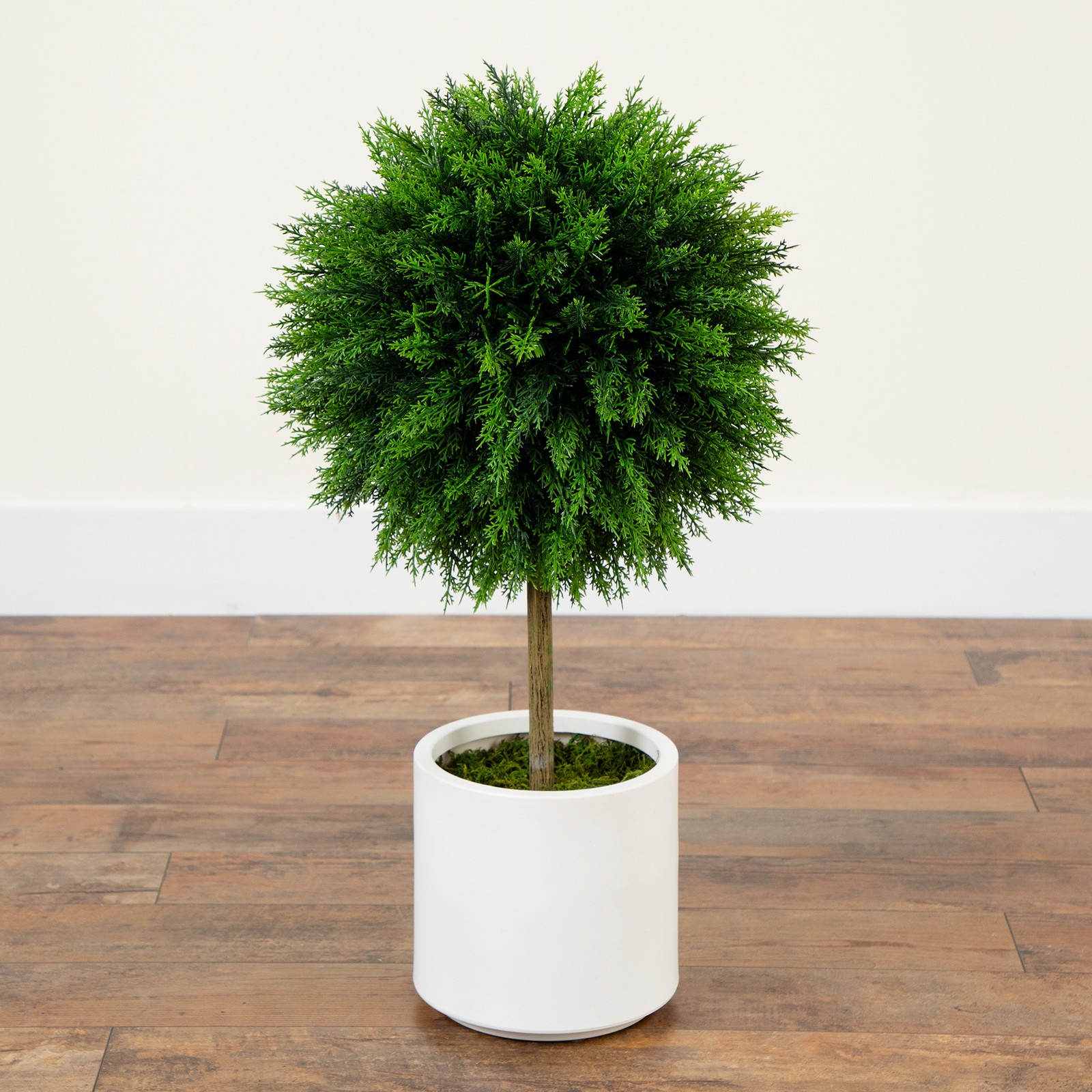 Nearly Natural 2.5ft UV Resistant Cedar Ball Topiary Tree in White Planter