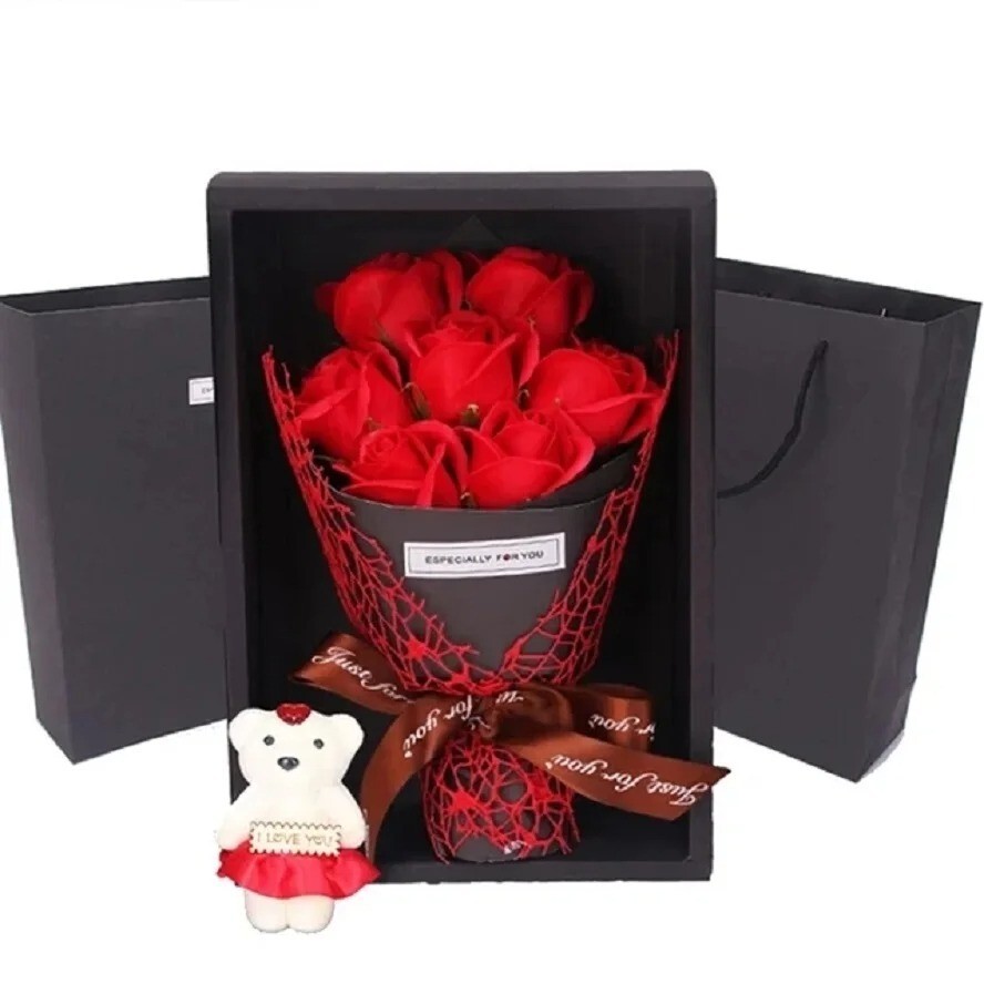 Valentine’s Day Artificial Flowers 7 Rose Soap Bouquet Gift Box Teddy Bear