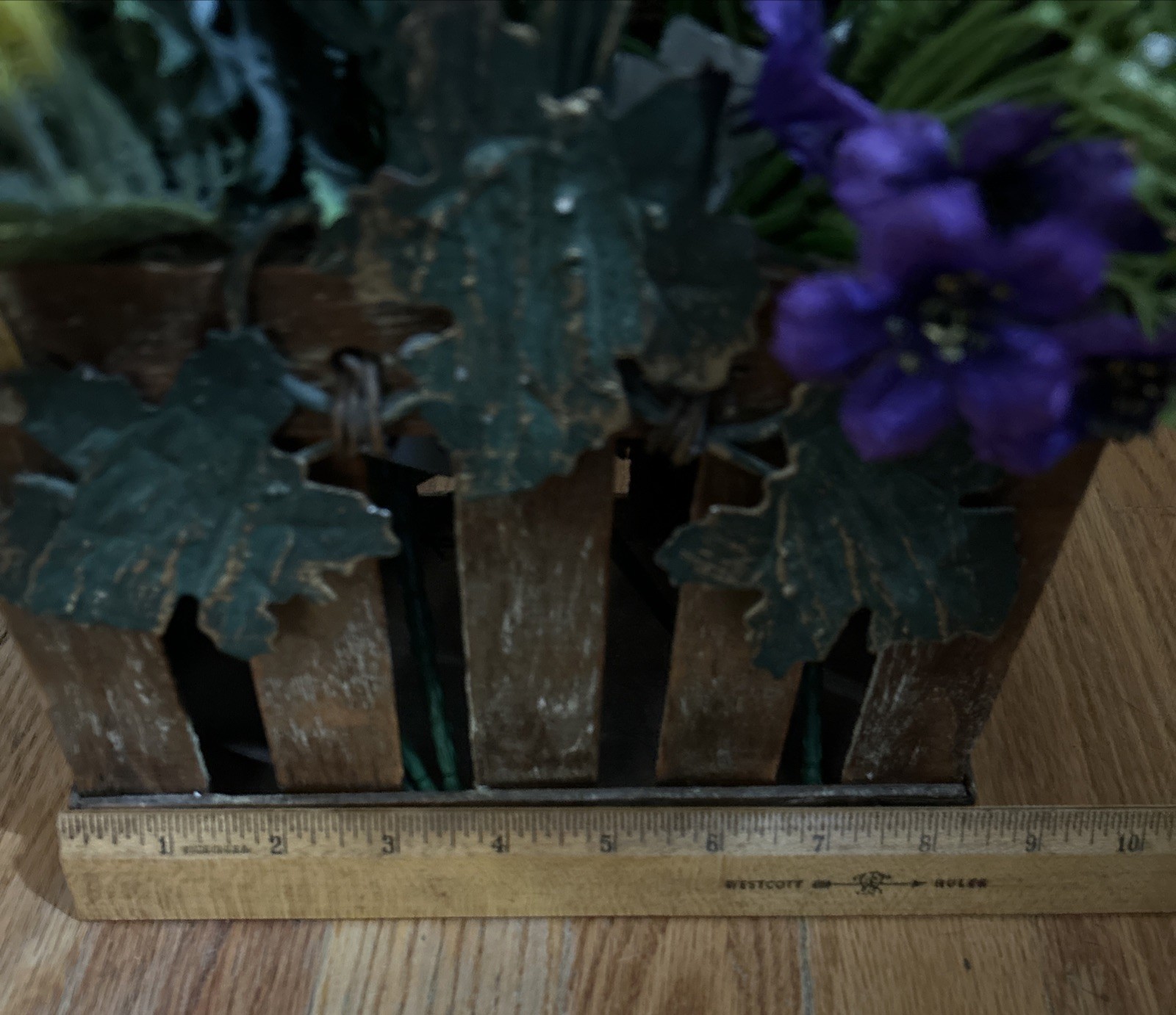 Beautiful Purple & White Floral Arrangement In A Crate With Handle Metal Leaves