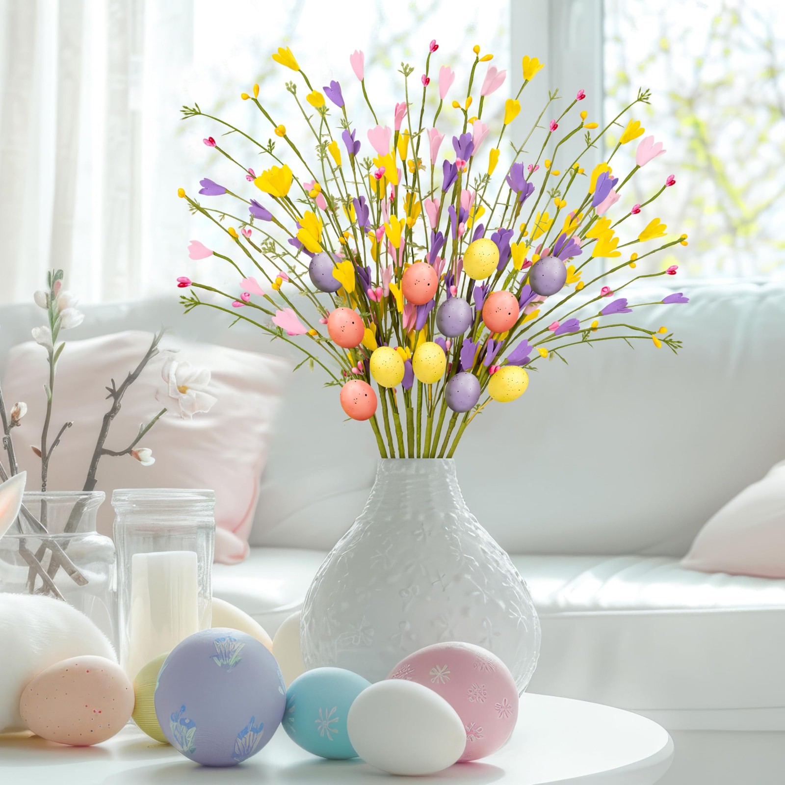 15PCS Easter Decorations Egg Picks – Spring Artificial Floral Stems Decor Flo…