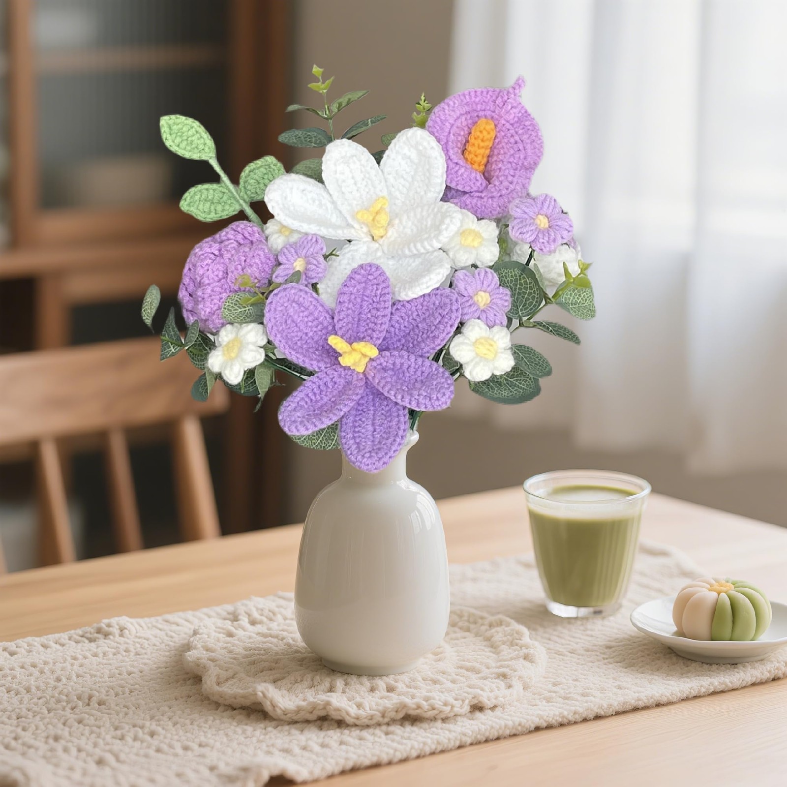 Crochet Flower Bouquet, Purple Handmade Knitted Flower, Crochet Rose Tulips Call