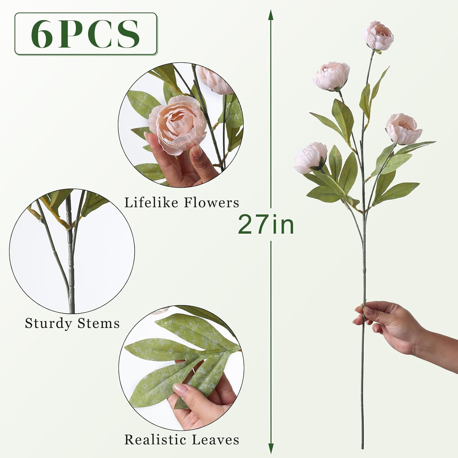 Faux Silk Peony Flowers 6 Pcs Artificial Peony Branches 27 Inch for Centerpieces