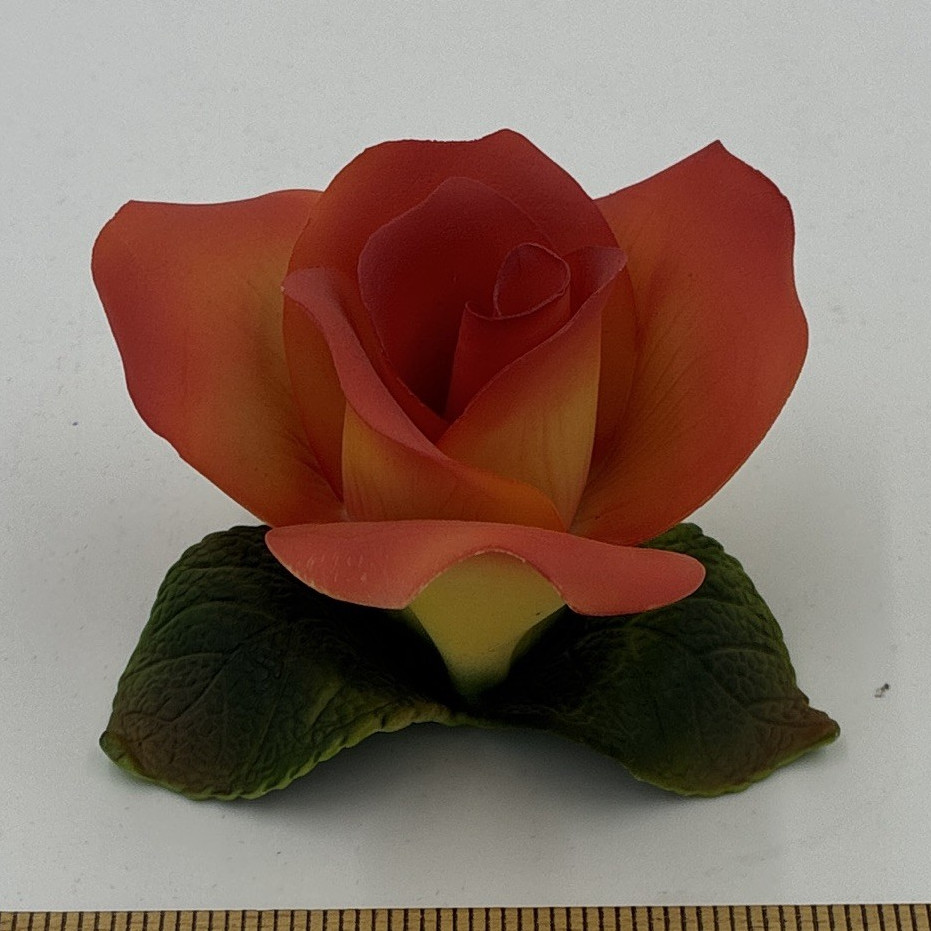 Porcelain Rose Flower Head Floral Décor, Orange/Yellow w/ Green Leaves 3.5in