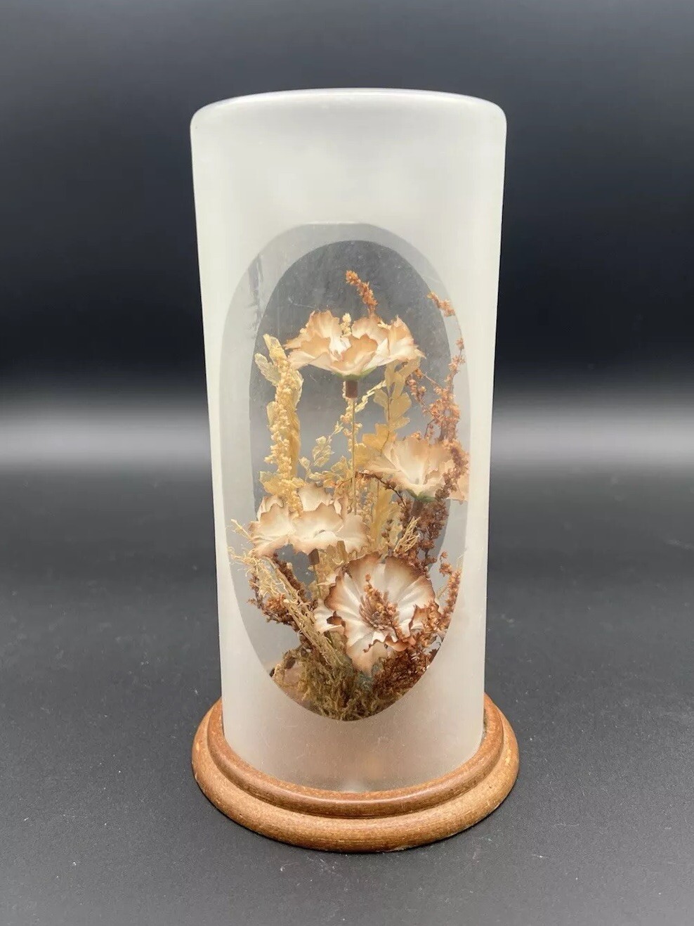 Vintage Terrarium Dome Display Dried Flowers Wood Base 1970s 7.75”