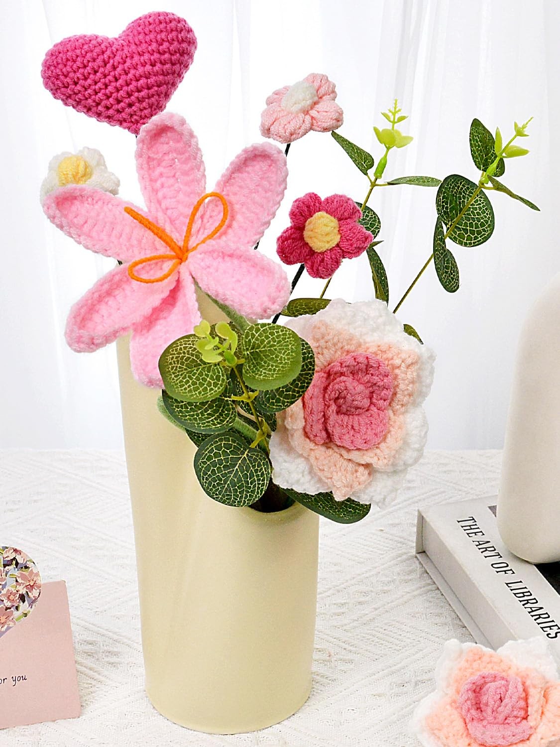 Pink Crochet Flower Bouquet Tulip Rose Daisy Knitted Gift Valentines Day