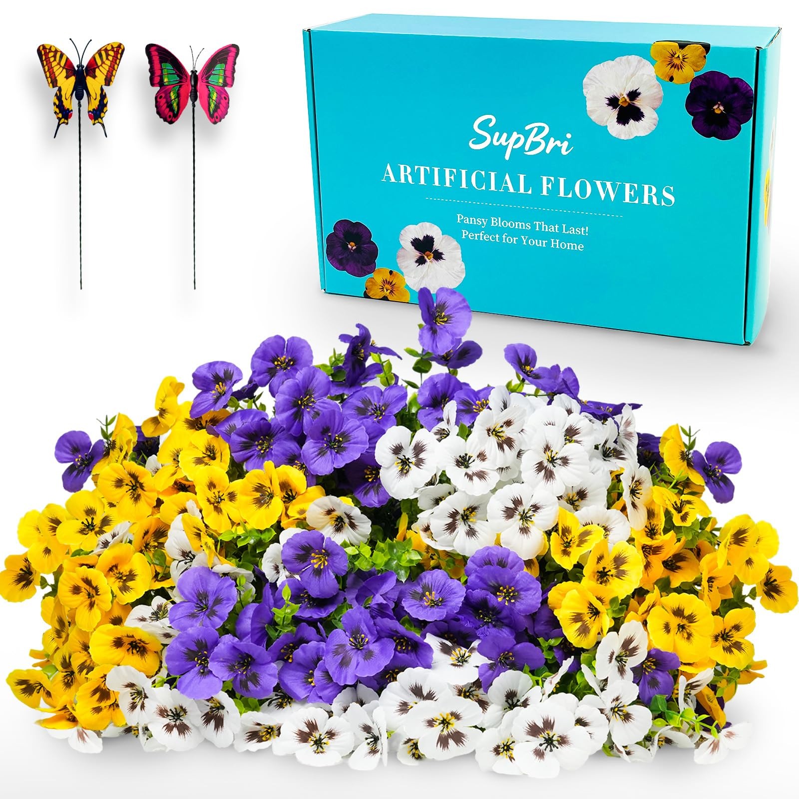Artificial Silk Pansy Flowers with Decorative Butterflies, UV Resistant Water…