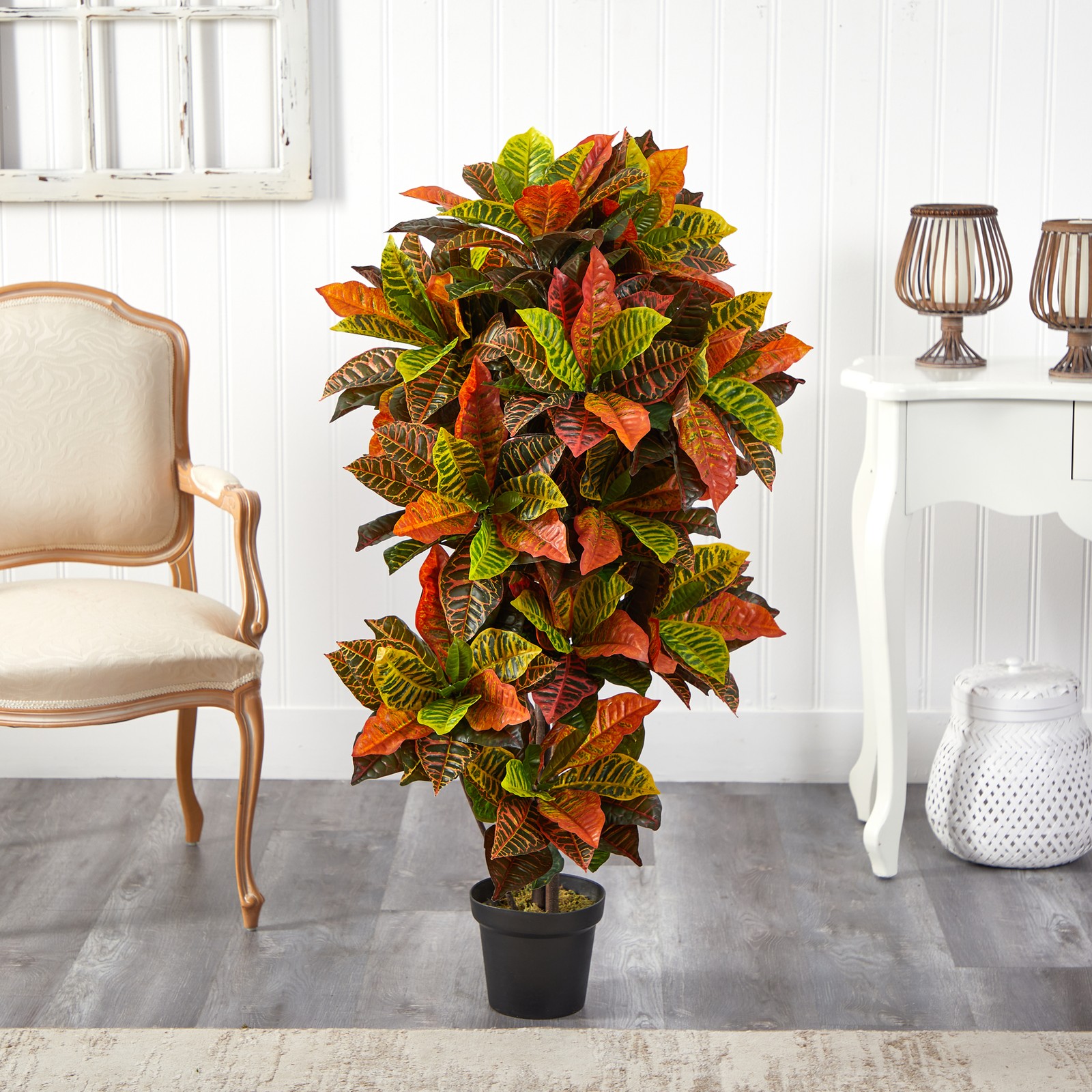 Nearly Natural 56″ Croton Plant Real Touch with Decorative Pot in Orange/Brown