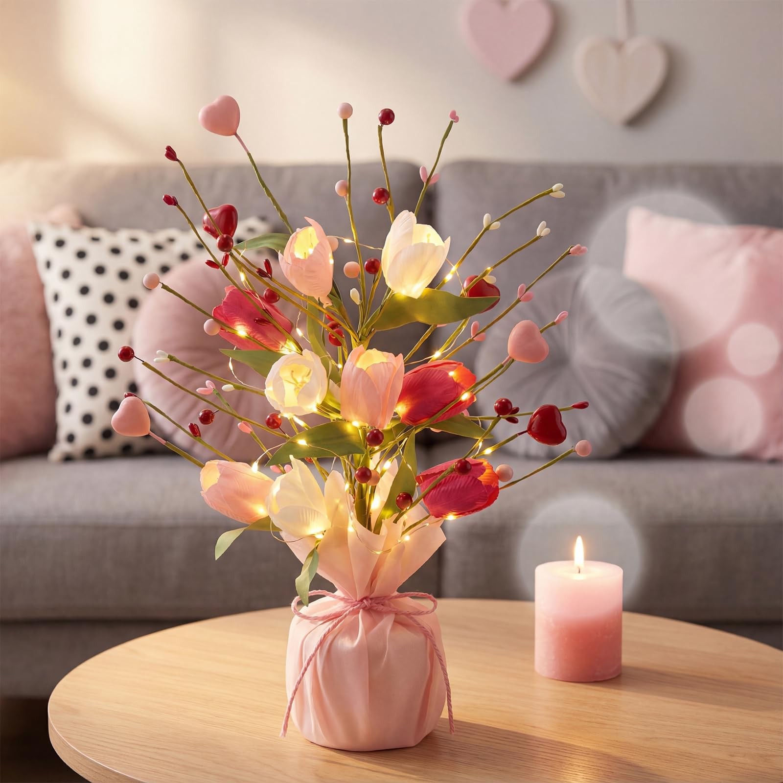 2 PCS 16 Inch Spring Artificial Tulip Table Tree Decoration Light Burlap Base
