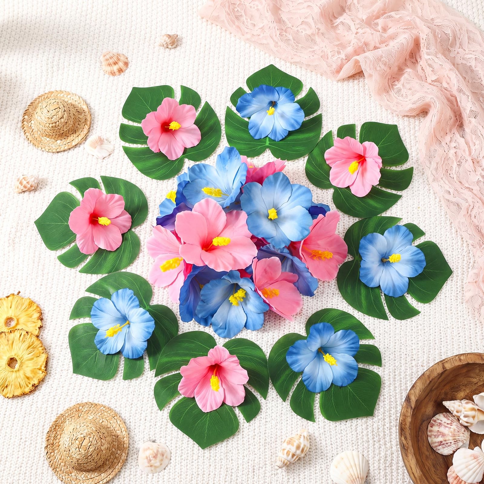 60 PCS Tropical Party Decorations Hibiscus Flower Palm Leaves Luau Table
