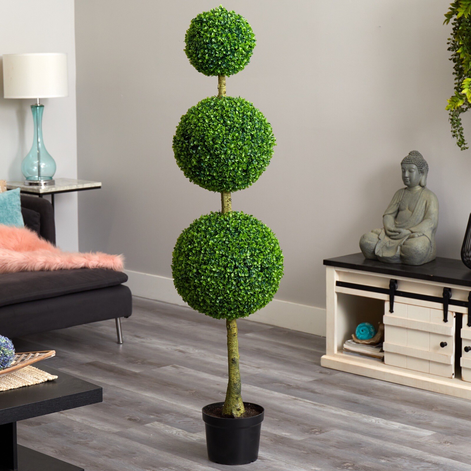 5.5’ Artificial Boxwood Triple Ball Topiary Tree UV Indoor/Outdoor. Retail $345
