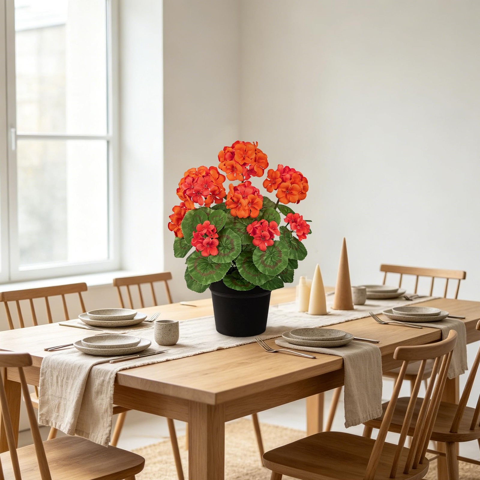 15.7in Artificial Geranium Plant in Black Pot, Orange Faux Potted Flowers, Re…