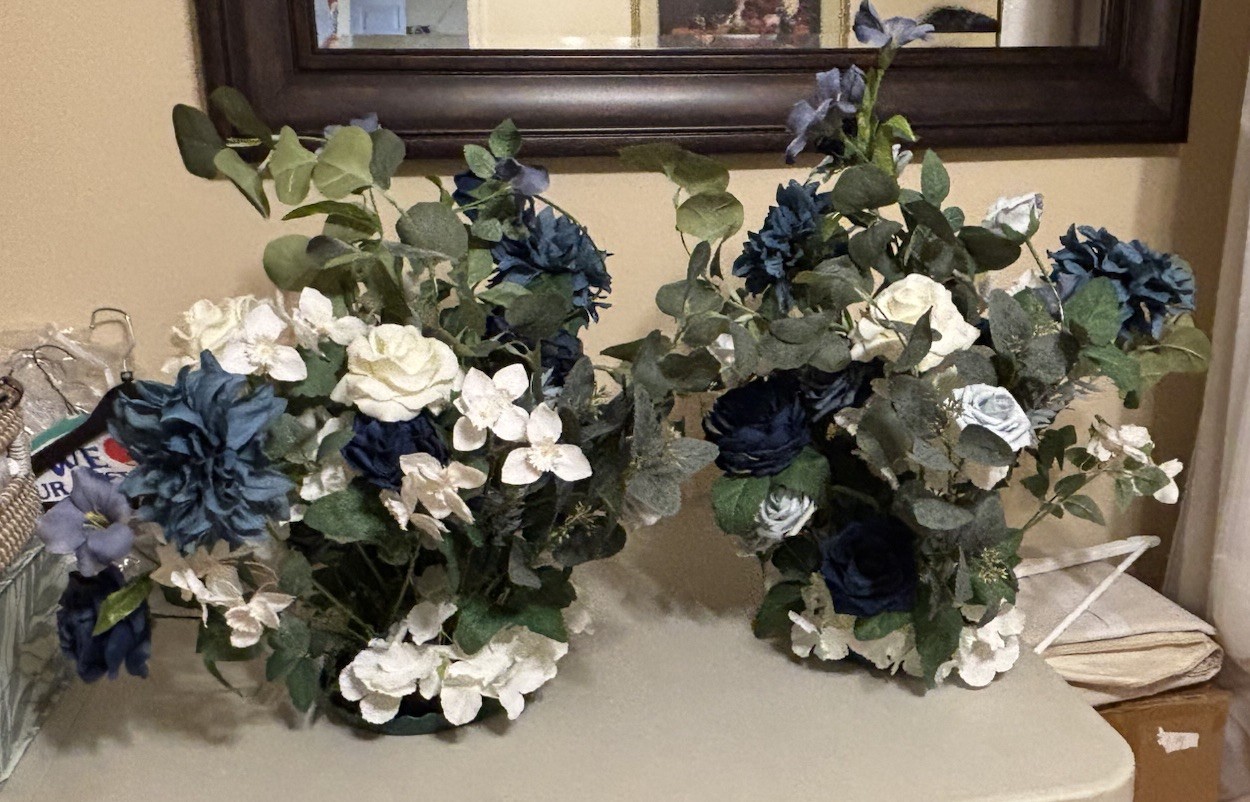 Artificial Blue & White Rose Floral Arrangement Centerpiece Table Decor, Green