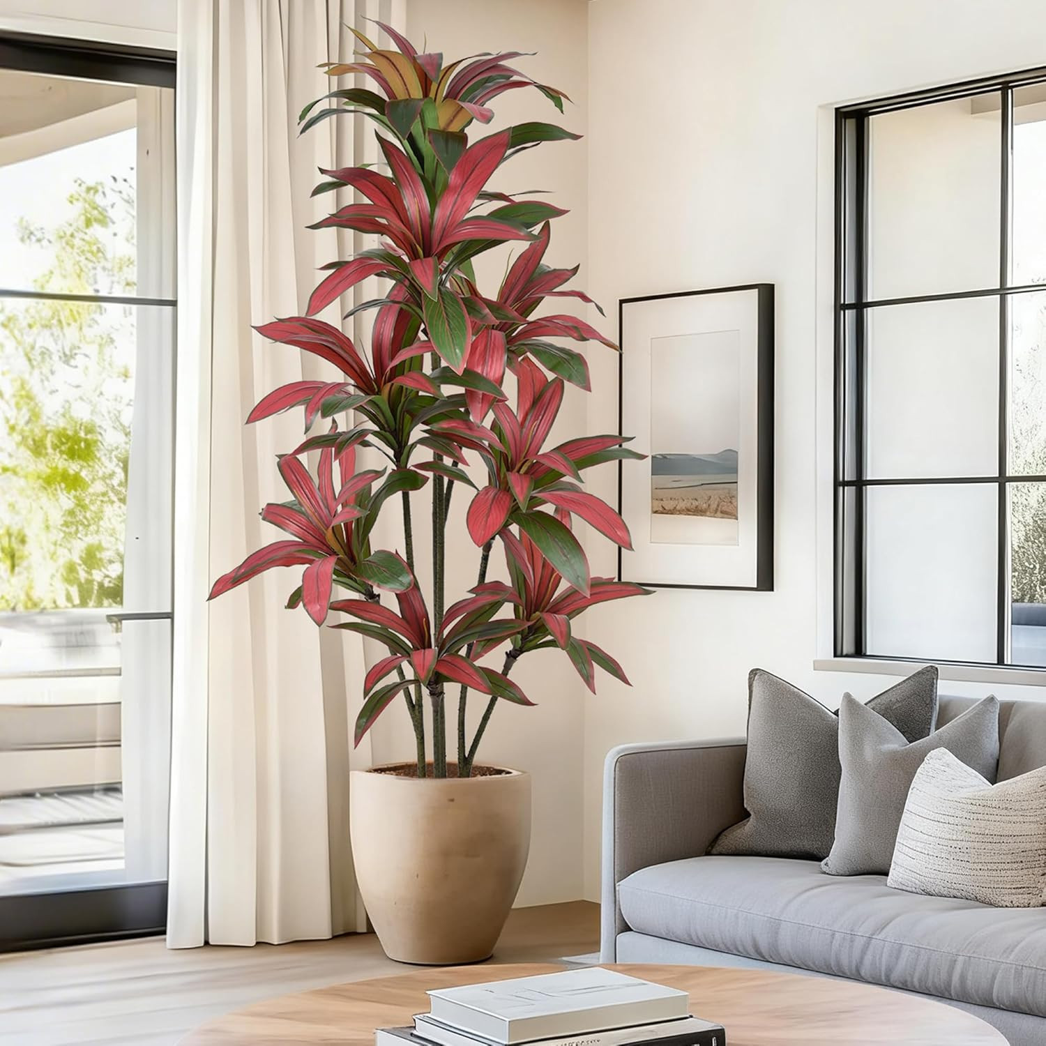 6FT Lifelike Artificial Dracaena Tree with Red Ti Leaves for Home & Office Decor