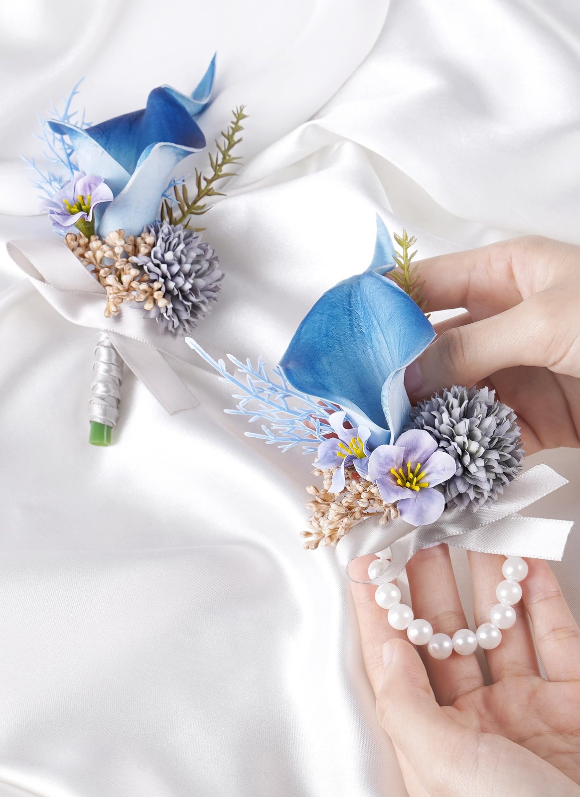2 PCS Blue Boutonniere, Corsage Wristlet Set, Artificial Flowers, Wedding, Prom