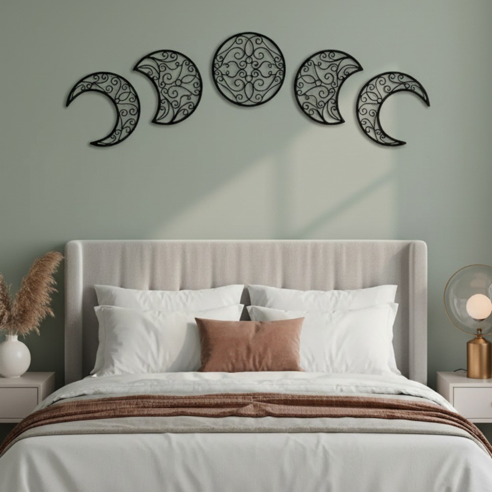 5-Piece Black Moon Phase Metal Wall Art – Nordic Boho Living Room Bedroom Decor