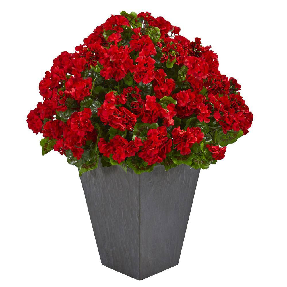 Indoor/Outdoor UV Resistant Red Geranium Artificial Plant in Slate Plater