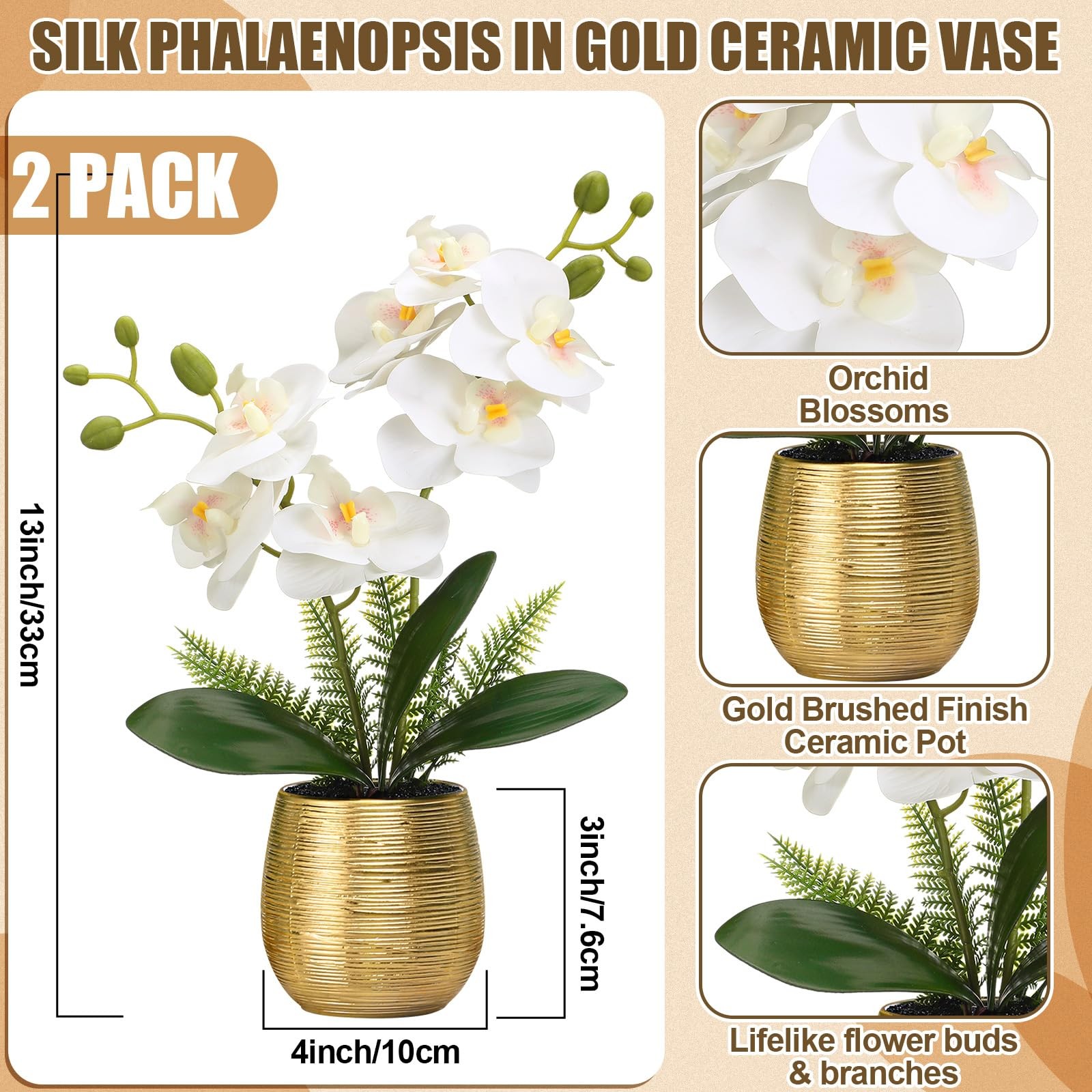 Juinte 2 Pcs Orchids Artificial Flowers in Gold Ceramic Vase 13” White Fake …