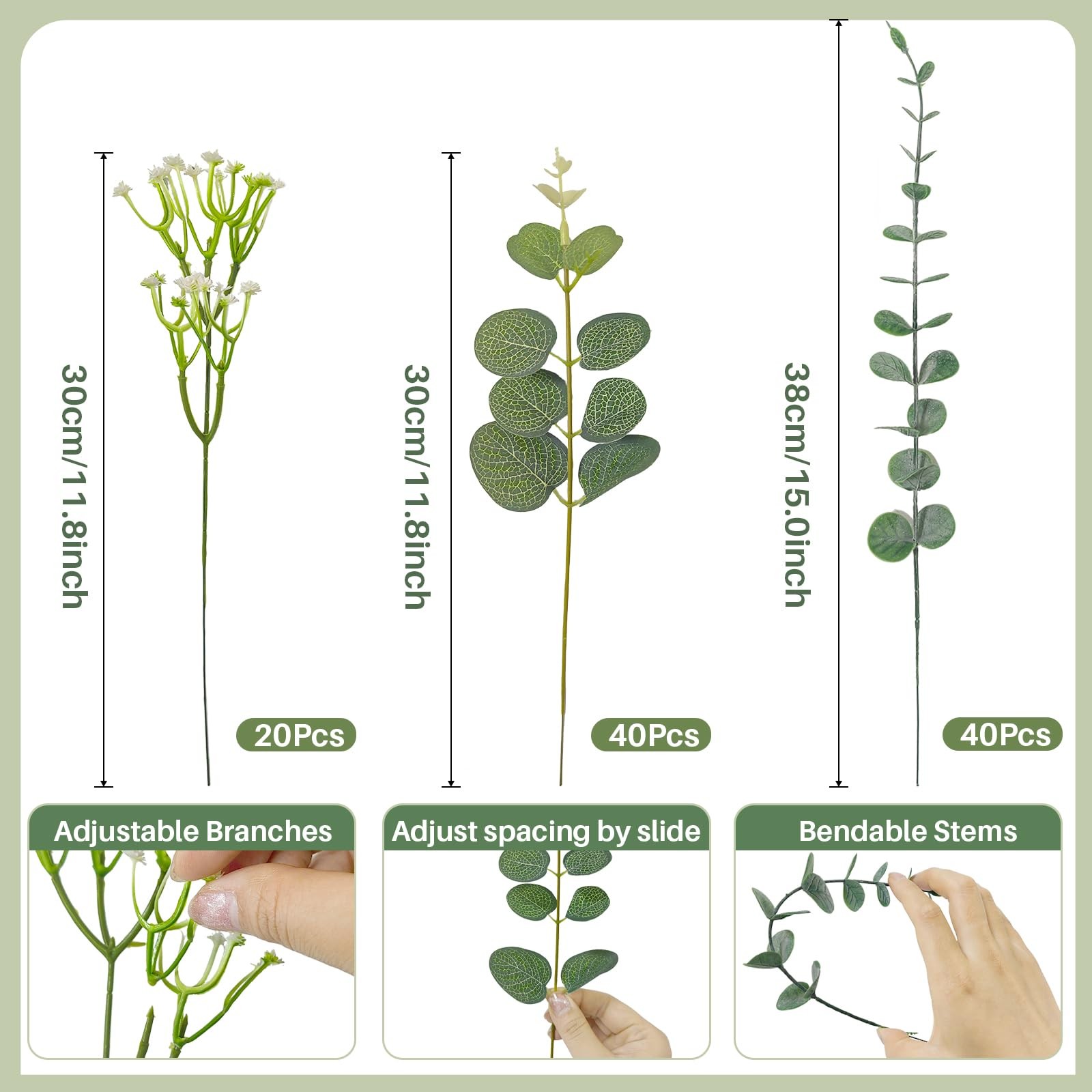 100 Pcs Mixed Eucalyptus Stems Bulk,Artificial Greenery Stems Bulk,3 Kinds Fa…