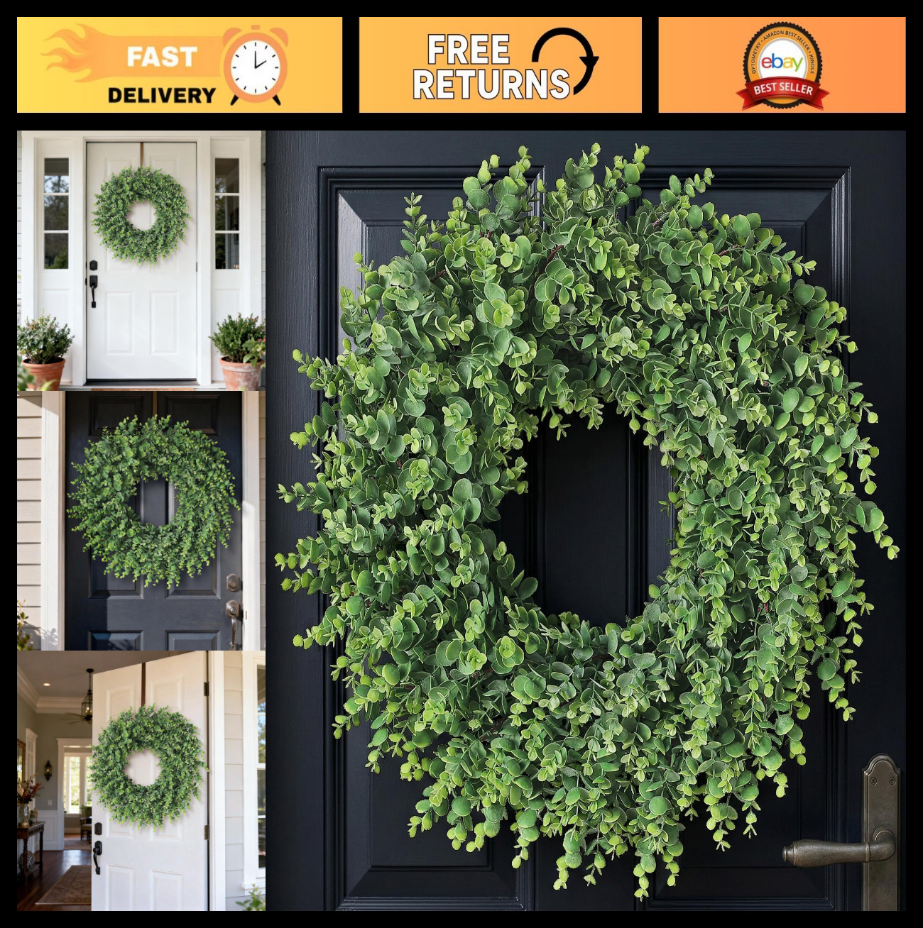 24″ Soft Textured Eucalyptus Wreath – Realistic Faux Greenery for Home Decor, Fr
