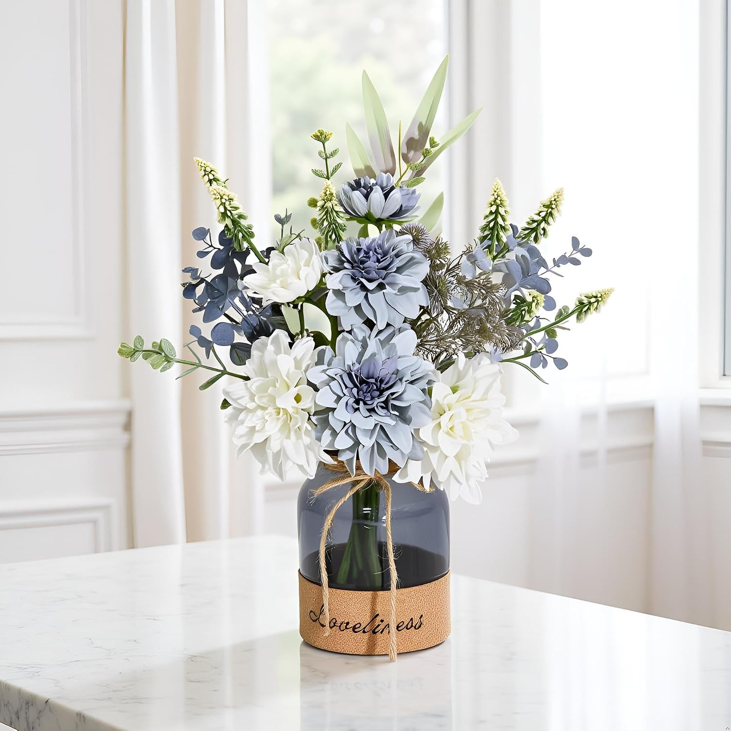 Silk Dahlia Flower Arrangement in Vase for Home, Office & Kitchen Decor