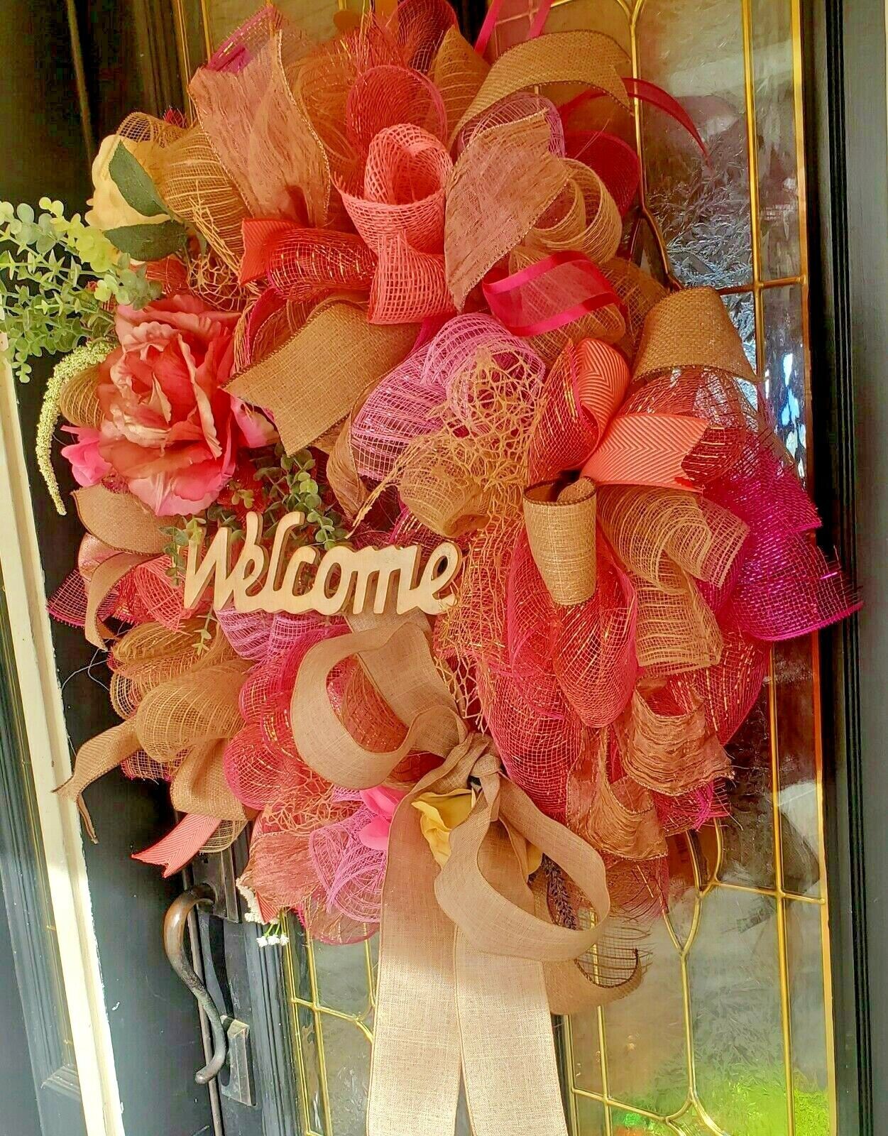 Large Spring Summer Burlap Deco Mesh Wreath Pink Rose Farmhouse Front Door Decor