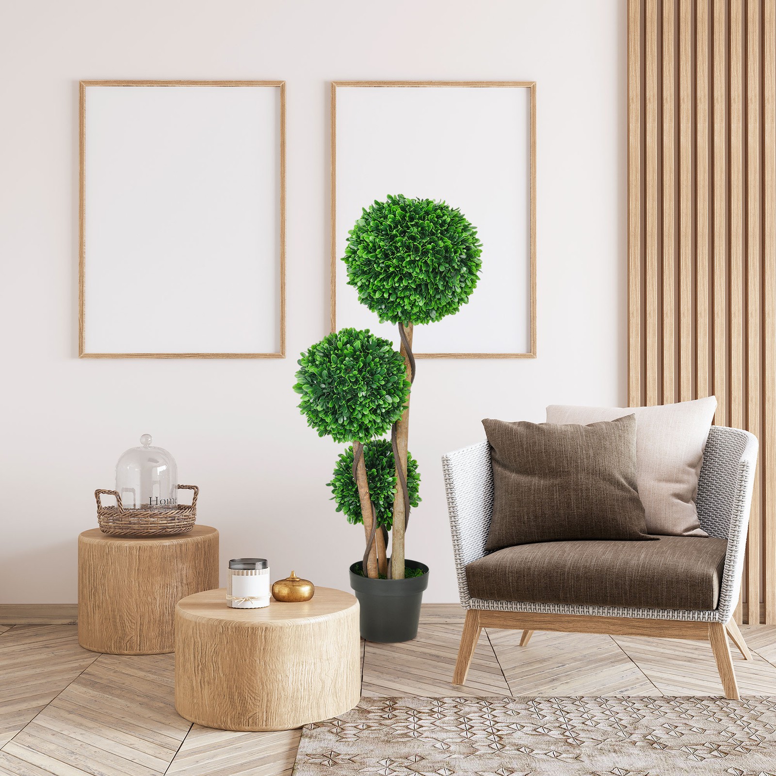 3.5ft Artificial Tree, Triple Ball Boxwood Topiary with Pot Sandalwood Leaves