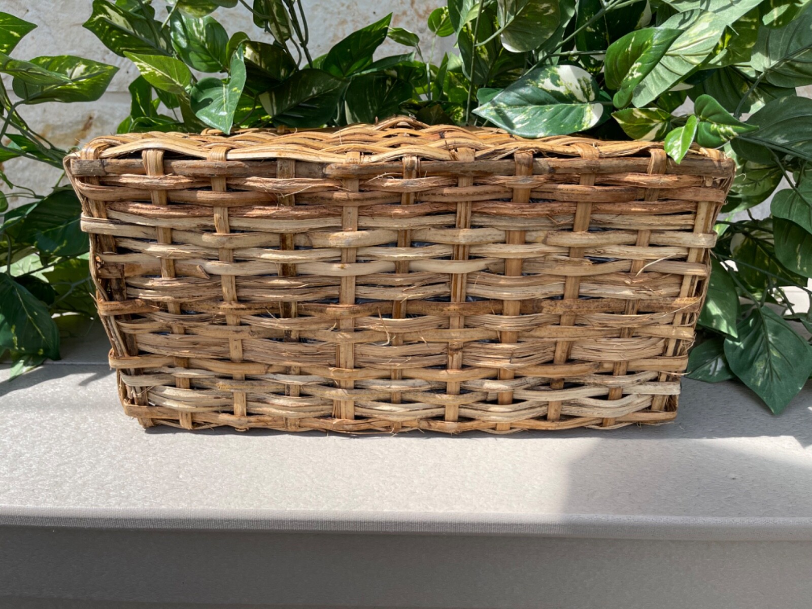 Large Artificial Variegated Philodendron in Handled Woven Bamboo Basket