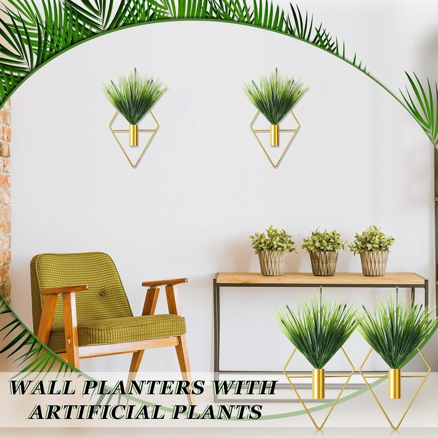 2 Pieces Gold Wall Decor Hanging Planters with Artificial Plants Metal Vase I…