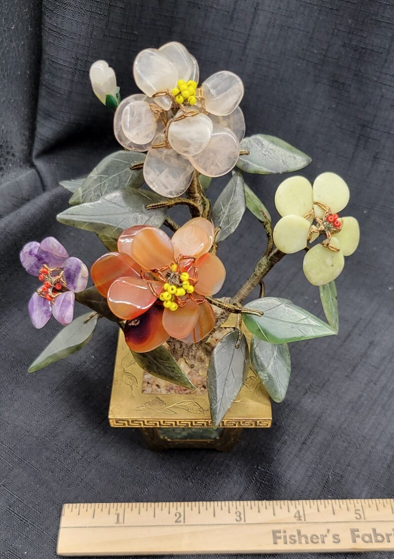 Vintage Carved Jade / Gemstone Bonsai Tree w/ Brass Base, MCM, Made in Hong Kong