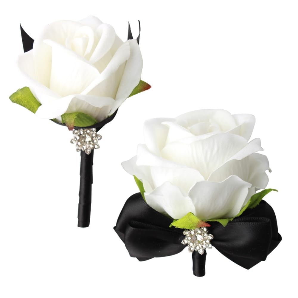 2 PCS Black White Wrist Corsage Rose Boutonniere Set Bride Groom Prom Wedding