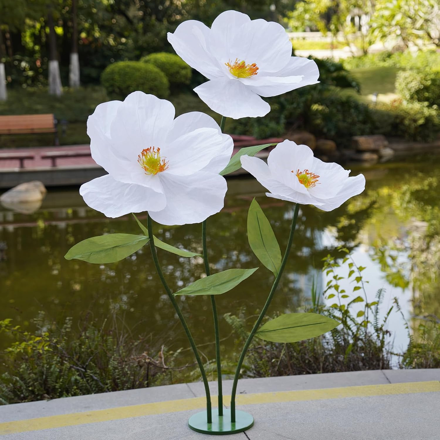 Giant White Paper Poppy Flowers for Home Decor & Events – Handcrafted Stand Incl
