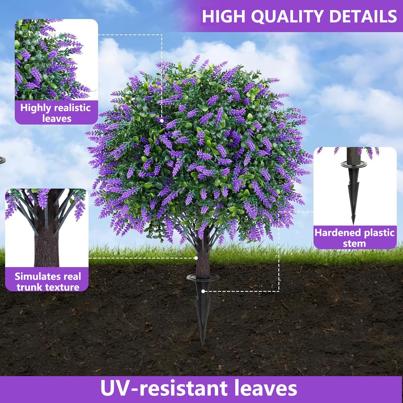 Artificial Lavender Topiary Trees with Ground Spike, Set of 2 UV Resistant Ar…
