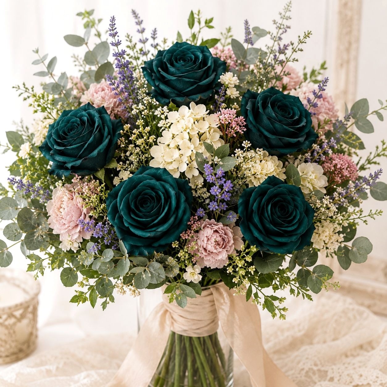 Set of 6 Dark Teal Green Artificial Rose Stems Peacock Teal Faux Roses Boho Wedd