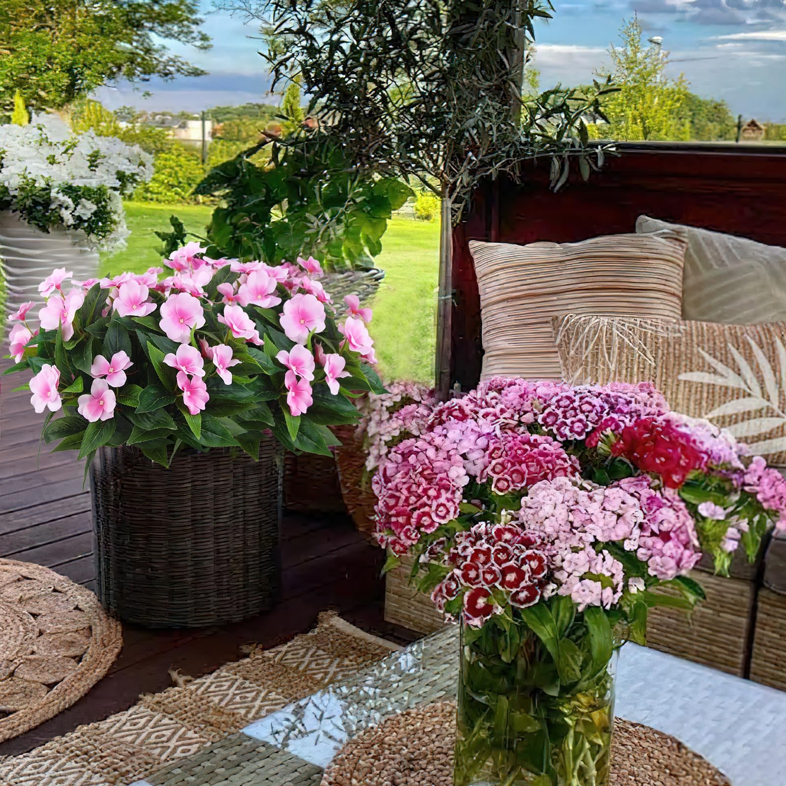Faux Impatiens Bouquet, Pink Silk Flowers, Patio Hanging Basket Decor